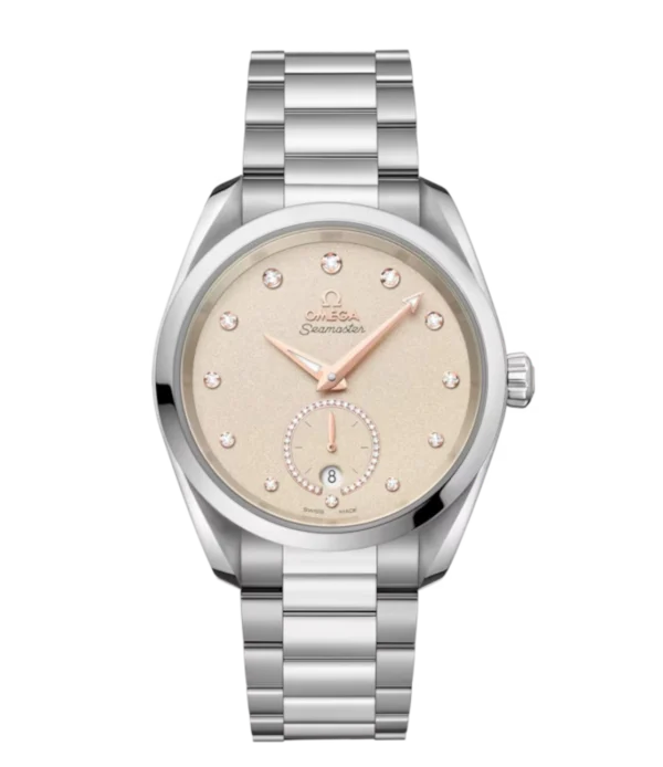 OMEGA Seamaster Aqua Terra 150M Steel and Linen, diamond indexes dial 18K Sedna™ gold ring set with diamonds subdial Steel Butterfly clasp bracelet Ref. 220.10.38.20.59.001