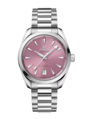 OMEGA Seamaster Aqua Terra 150M Steel and Shell pink dial Steel Butterfly Foldover clasp bracelet Ref. 220.10.38.20.10.005