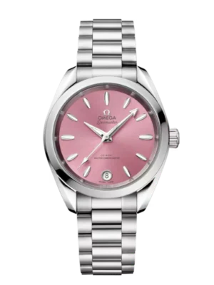 OMEGA Seamaster Aqua Terra 150M Steel and Shell pink dial Steel Foldover butterfly clasp bracelet Ref. 220.10.34.20.10.003