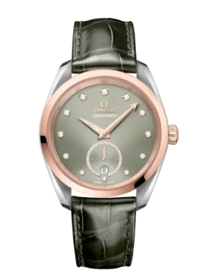 OMEGA Seamaster Aqua Terra 150M Steel ‑ Sedna™ gold and Green, diamond indexes dial 18K Sedna™ gold ring set diamonds subdial Grey Alligator Leather strap Ref. 220.23.38.20.60.001
