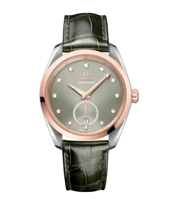 OMEGA Seamaster Aqua Terra 150M Steel ‑ Sedna™ gold and Green, diamond indexes dial 18K Sedna™ gold ring set diamonds subdial Grey Alligator Leather strap Ref. 220.23.38.20.60.001