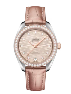 OMEGA Seamaster Aqua Terra 150M Steel ‑ Sedna™ gold and Grey, marquise-cut diamond hour dial diamond-set bezel Beige Alligator Leather strap Ref. 220.28.34.20.59.001