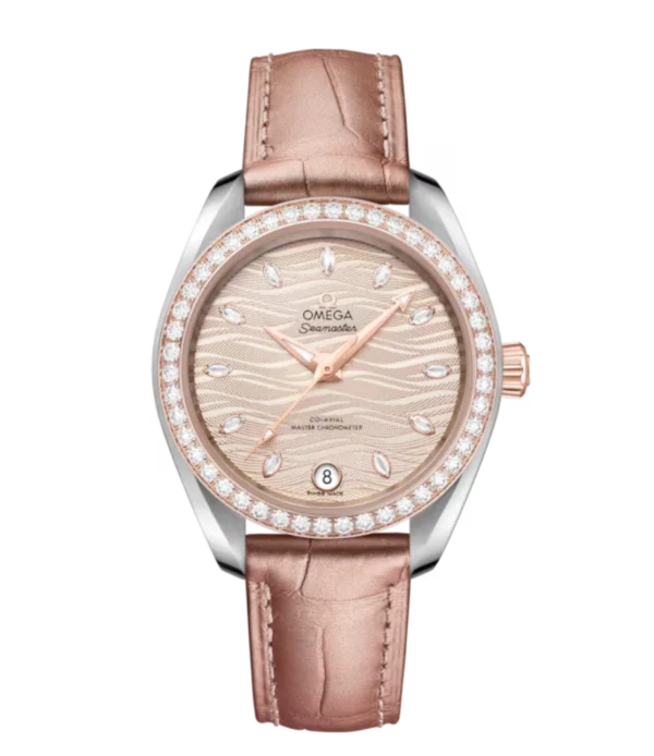 OMEGA Seamaster Aqua Terra 150M Steel ‑ Sedna™ gold and Grey, marquise-cut diamond hour dial diamond-set bezel Beige Alligator Leather strap Ref. 220.28.34.20.59.001