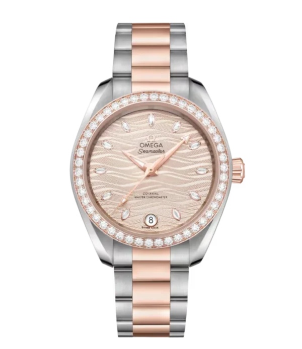 OMEGA Seamaster Aqua Terra 150M Steel ‑ Sedna™ gold and Grey, marquise-cut diamond hour dial diamond-set bezel Steel ‑ Sedna™ gold Butterfly clasp bracelet Ref. 220.25.34.20.59.001