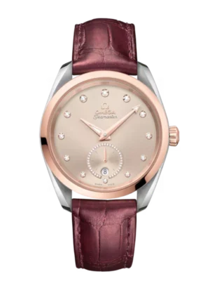 OMEGA Seamaster Aqua Terra 150M Steel ‑ Sedna™ gold and Linen, diamond indexes dial 18K Sedna™ gold ring set with diamonds subdial Burgundy Alligator Leather Strap Ref. 220.23.38.20.59.001