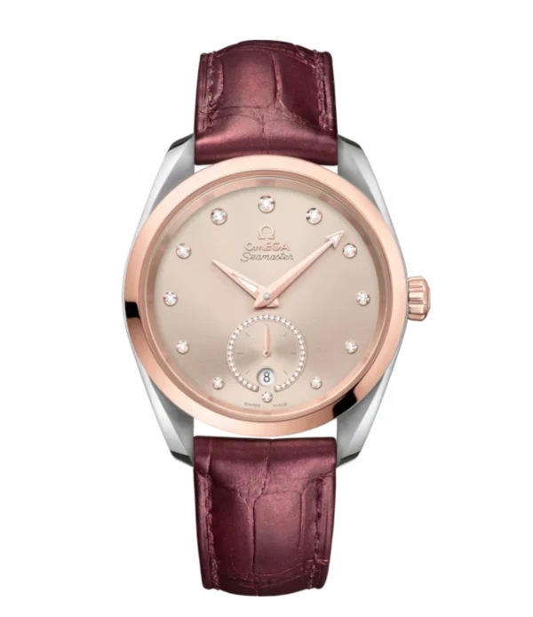 OMEGA Seamaster Aqua Terra 150M Steel ‑ Sedna™ gold and Linen, diamond indexes dial 18K Sedna™ gold ring set with diamonds subdial Burgundy Alligator Leather Strap Ref. 220.23.38.20.59.001