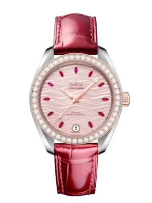 OMEGA Seamaster Aqua Terra 150M Steel ‑ Sedna™ gold and Pink, marquise-cut ruby hour dial diamond-set bezel Red Alligator Leather strap Ref. 220.28.34.20.60.001