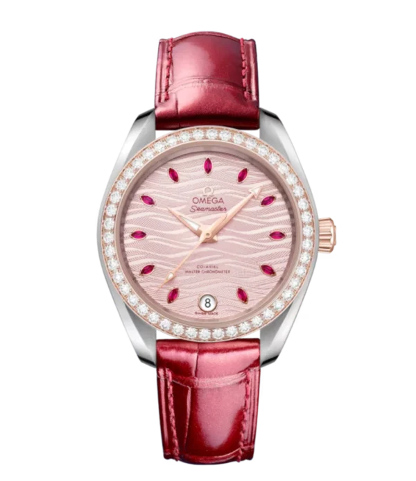 OMEGA Seamaster Aqua Terra 150M Steel ‑ Sedna™ gold and Pink, marquise-cut ruby hour dial diamond-set bezel Red Alligator Leather strap Ref. 220.28.34.20.60.001