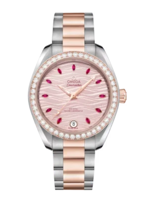 OMEGA Seamaster Aqua Terra 150M Steel ‑ Sedna™ gold and Pink, marquise-cut ruby hour dial diamond-set bezel Steel ‑ Sedna™ gold Butterfly clasp bracelet Ref. 220.25.34.20.60.001