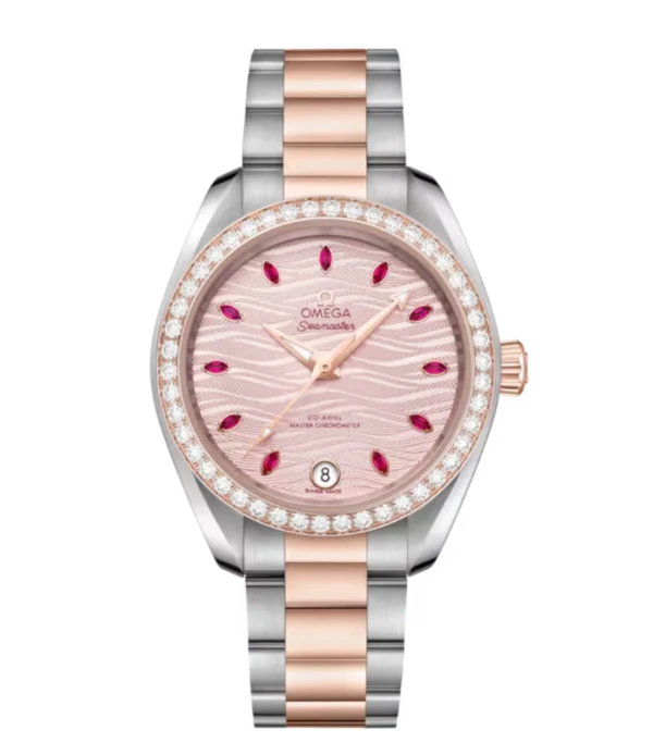 OMEGA Seamaster Aqua Terra 150M Steel ‑ Sedna™ gold and Pink, marquise-cut ruby hour dial diamond-set bezel Steel ‑ Sedna™ gold Butterfly clasp bracelet Ref. 220.25.34.20.60.001