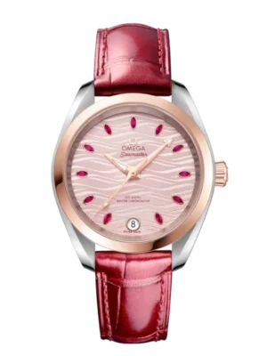 OMEGA Seamaster Aqua Terra 150M Steel ‑ Sedna™ gold and Pink, marquise-cut ruby hour dial Red Alligator Leather strap Ref. 220.23.34.20.60.001