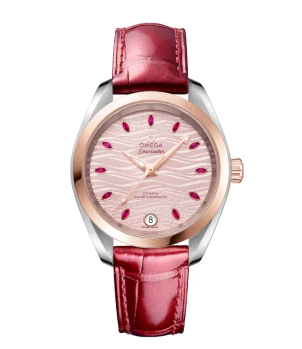 OMEGA Seamaster Aqua Terra 150M Steel ‑ Sedna™ gold and Pink, marquise-cut ruby hour dial Red Alligator Leather strap Ref. 220.23.34.20.60.001