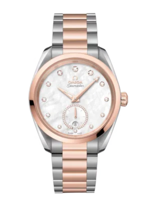 OMEGA Seamaster Aqua Terra 150M Steel ‑ Sedna™ gold and White, diamond indexes dial 18K Sedna™ gold ring set with diamonds subdial Steel ‑ Sedna™ gold Butterfly clasp bracelet Ref. 220.20.38.20.55.002