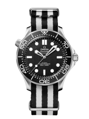 OMEGA Seamaster Diver 300M Steel and Black aluminium dial Black ‑ White NATO strap Ref. 210.32.42.20.01.005