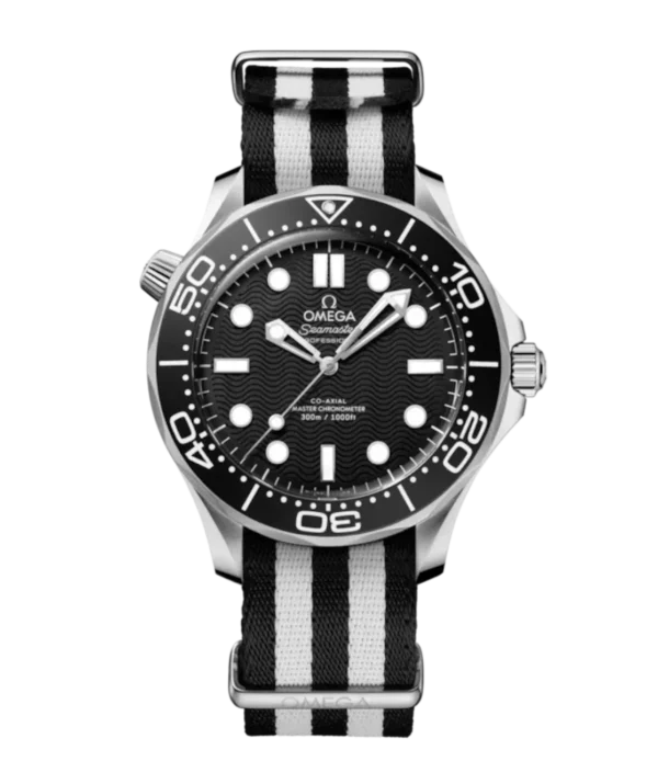 OMEGA Seamaster Diver 300M Steel and Black aluminium dial Black ‑ White NATO strap Ref. 210.32.42.20.01.005