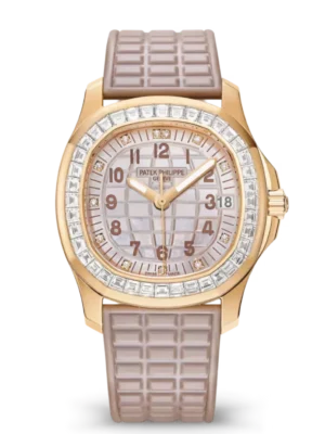 Patek Philippe Aquanaut Luce Joaillerie Rose gold and Engraved mother-of pearl dial baguette-cut diamonds bezel pearly beige Composite material Strap Ref. 5072R-001
