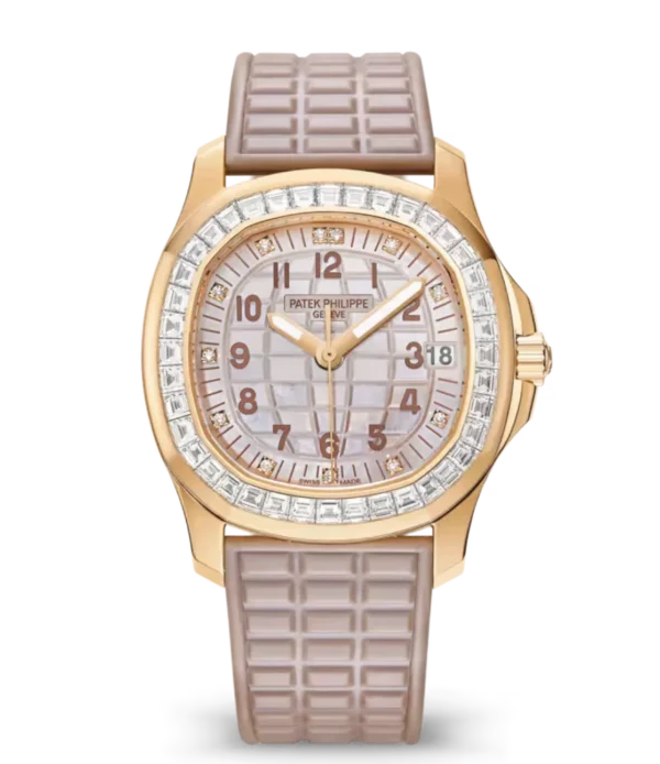 Patek Philippe Aquanaut Luce Joaillerie Rose gold and Engraved mother-of pearl dial baguette-cut diamonds bezel pearly beige Composite material Strap Ref. 5072R-001