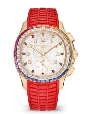 Patek Philippe Aquanaut Luce "Rainbow" Chronograph Rose gold and White mother-of-pearl dial baguette-cut multicolored sapphires bezel red Composite material Strap Ref. 7968/300R-001