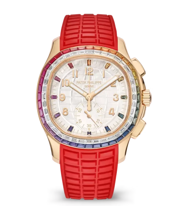 Patek Philippe Aquanaut Luce "Rainbow" Chronograph Rose gold and White mother-of-pearl dial baguette-cut multicolored sapphires bezel red Composite material Strap Ref. 7968/300R-001