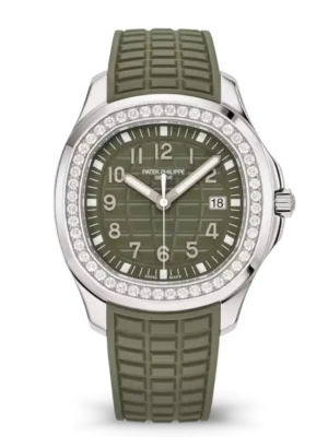 Patek Philippe Aquanaut Luce Steel and Khaki green varnished dial diamond bezel khaki green Composite material Strap Ref. 5267/200A-011