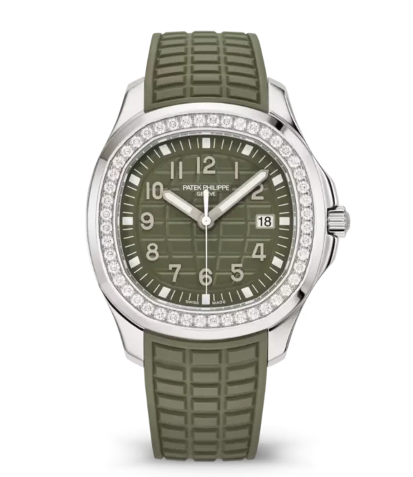 Patek Philippe Aquanaut Luce Steel and Khaki green varnished dial diamond bezel khaki green Composite material Strap Ref. 5267/200A-011