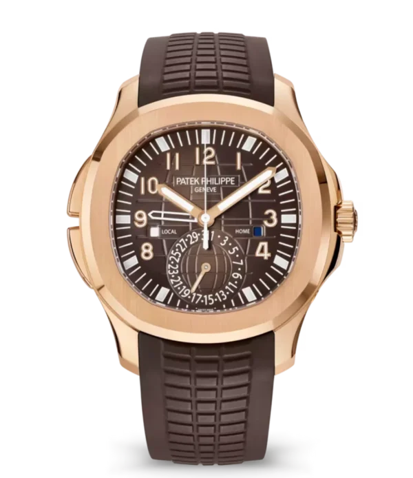 Patek Philippe Aquanaut Travel Time Rose gold and Sunburst brown dial dark brown Composite material Strap Ref. 5164R-001