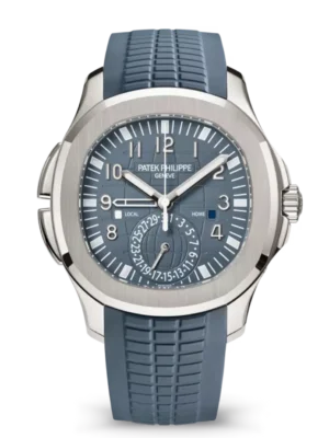 Patek Philippe Aquanaut Travel Time White gold and Opaline blue-gray dial blue-gray Composite material Strap Ref. 5164G-001