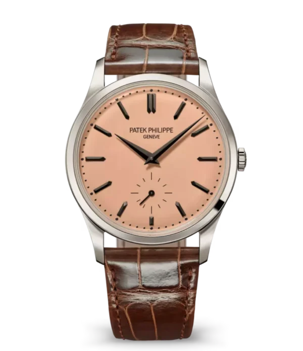 Patek Philippe Calatrava Platinum, Diamond set at 6 o’clock and Rose-gilt opaline dial shiny chocolate brown Alligator leather Strap Ref. 6196P-001