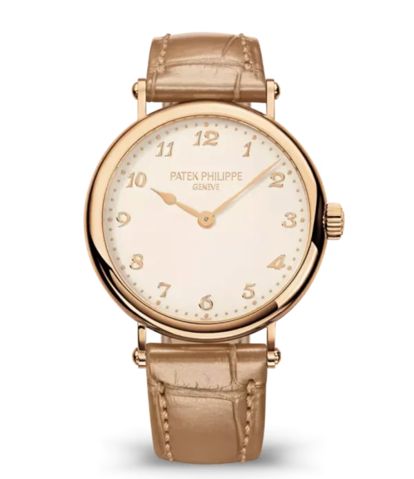 Patek Philippe Calatrava Rose gold and Silvery grained dial pearly beige Alligator leather Strap Ref. 7200R-001