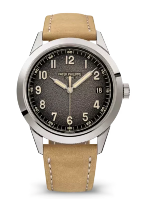 Patek Philippe Calatrava White gold and Textured charcoal gray dial beige Calfskin, fabric Strap Ref. 5226G-001