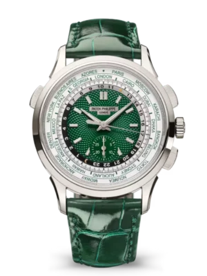 Patek Philippe Complications Platinum, Diamond set at 6 o’clock and Green opaline varnished dial shiny bottle green Alligator leather Strap Ref. 5930P-001