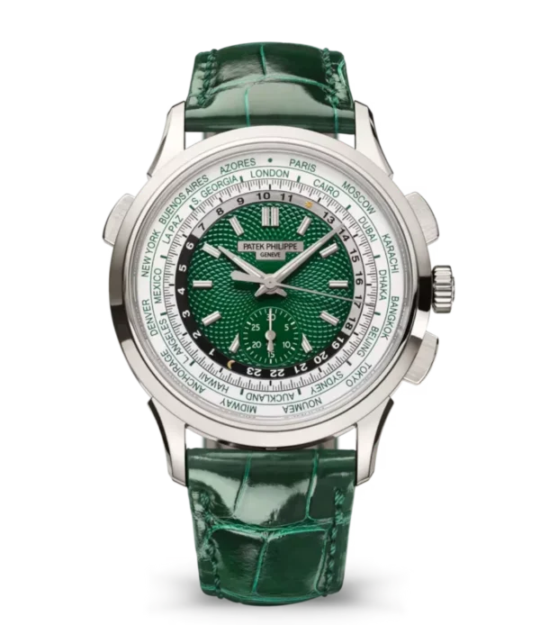 Patek Philippe Complications Platinum, Diamond set at 6 o’clock and Green opaline varnished dial shiny bottle green Alligator leather Strap Ref. 5930P-001