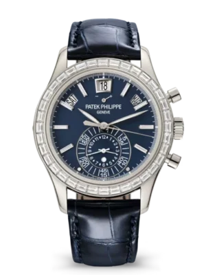 Patek Philippe Complications Platinum, Diamond set at 6 o’clock and Royal blue opaline dial baguette-cut diamonds bezel navy blue Alligator leather Strap Ref. 5961P-001
