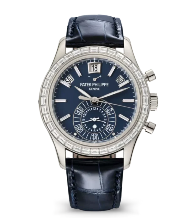Patek Philippe Complications Platinum, Diamond set at 6 o’clock and Royal blue opaline dial baguette-cut diamonds bezel navy blue Alligator leather Strap Ref. 5961P-001