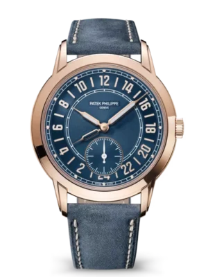 Patek Philippe Complications Rose gold and blue dial navy blue Calfskin Strap Ref. 5224R-001