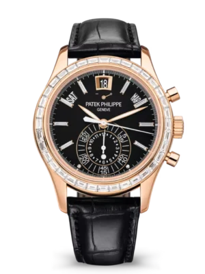 Patek Philippe Complications Rose gold and Ebony black opaline dial baguette-cut diamonds bezel matte black Alligator leather Strap Ref. 5961R-010