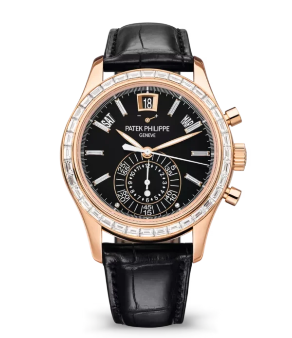 Patek Philippe Complications Rose gold and Ebony black opaline dial baguette-cut diamonds bezel matte black Alligator leather Strap Ref. 5961R-010