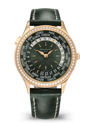 Patek Philippe Complications Rose gold and Olive green dial diamond set bezel shiny olive green Calfskin Strap Ref. 7130R-014