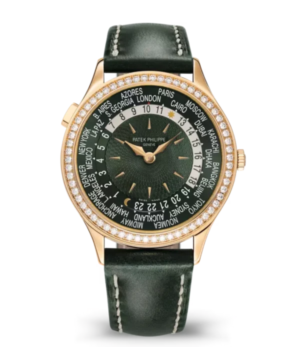 Patek Philippe Complications Rose gold and Olive green dial diamond set bezel shiny olive green Calfskin Strap Ref. 7130R-014
