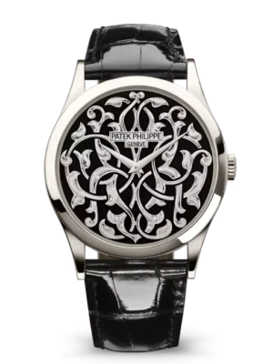 Patek Philippe Calatrava Platinum, Diamond set at 6 o’clock and black enameled dial shiny black Alligator leather Strap Ref. 5088/100P-001