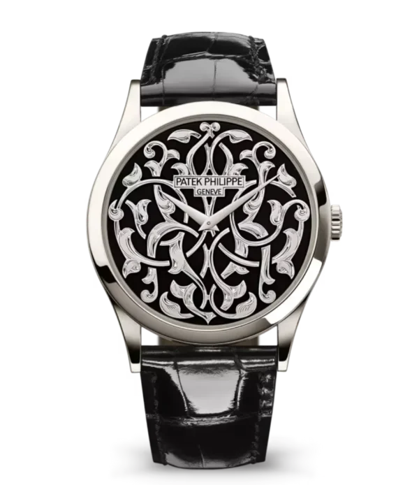 Patek Philippe Calatrava Platinum, Diamond set at 6 o’clock and black enameled dial shiny black Alligator leather Strap Ref. 5088/100P-001