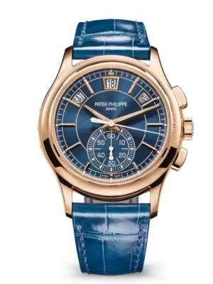 Patek Philippe Complications Rose gold and Sunburst blue dial dark blue Alligator leather Strap Ref. 5905R-010