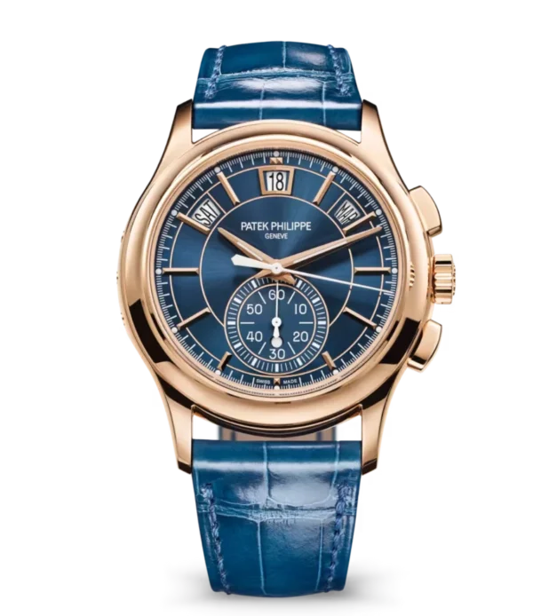 Patek Philippe Complications Rose gold and Sunburst blue dial dark blue Alligator leather Strap Ref. 5905R-010