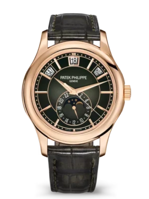 Patek Philippe Complications Rose gold and Sunburst olive green dial patinated two-tone green Alligator leather Strap Ref. 5205R-011