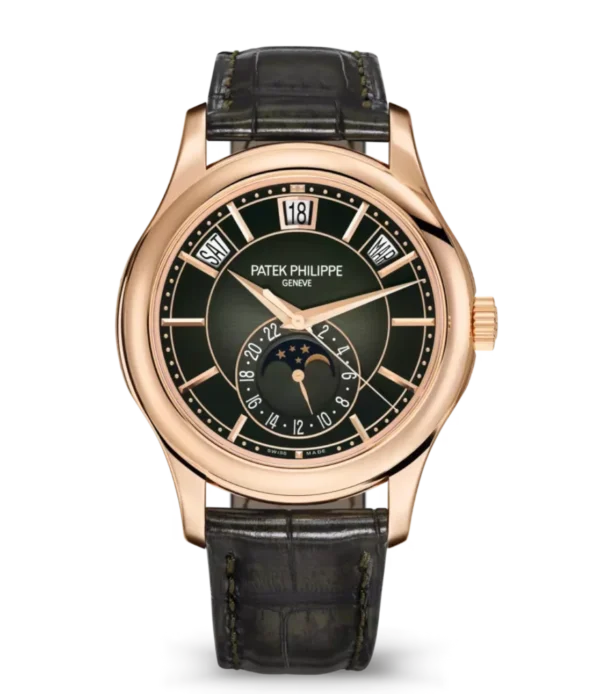 Patek Philippe Complications Rose gold and Sunburst olive green dial patinated two-tone green Alligator leather Strap Ref. 5205R-011