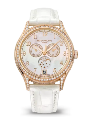 Patek Philippe Complications Rose gold and White Balinese mother-of-pearl dial diamonds set case pearly white Alligator leather Strap Ref. 4948R-001