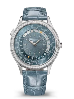 Patek Philippe Complications White gold and Blue-gray dial diamond set bezel shiny peacock blue Alligator leather Strap Ref. 7130G-016