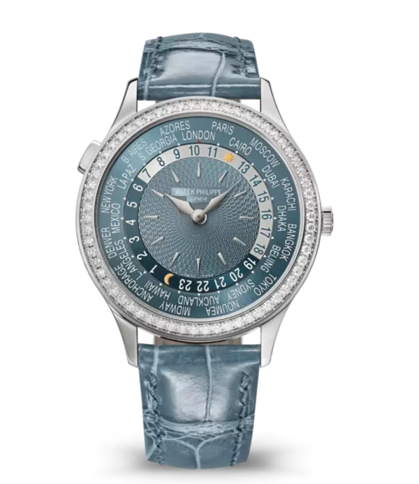 Patek Philippe Complications White gold and Blue-gray dial diamond set bezel shiny peacock blue Alligator leather Strap Ref. 7130G-016