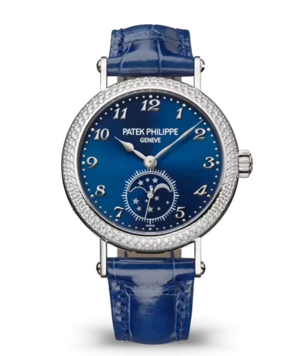 Patek Philippe Complications White gold and Sunburst blue dial diamond "Dentelle setting" bezel shiny sapphire blue Alligator leather Strap Ref. 7121/200G-001