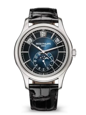 Patek Philippe Complications White gold and Sunburst blue dial shiny black Alligator leather Strap Ref. 5205G-013